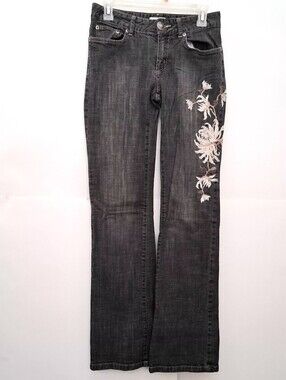METRO7 Gray Boot Cut Jeans with White & Brown Floral Embroidery Size 2